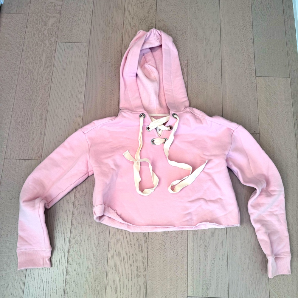 Wesley Mercer Lace Up Crop Hooded Long Sleeve Sweatshirt Chalky Rose Size S